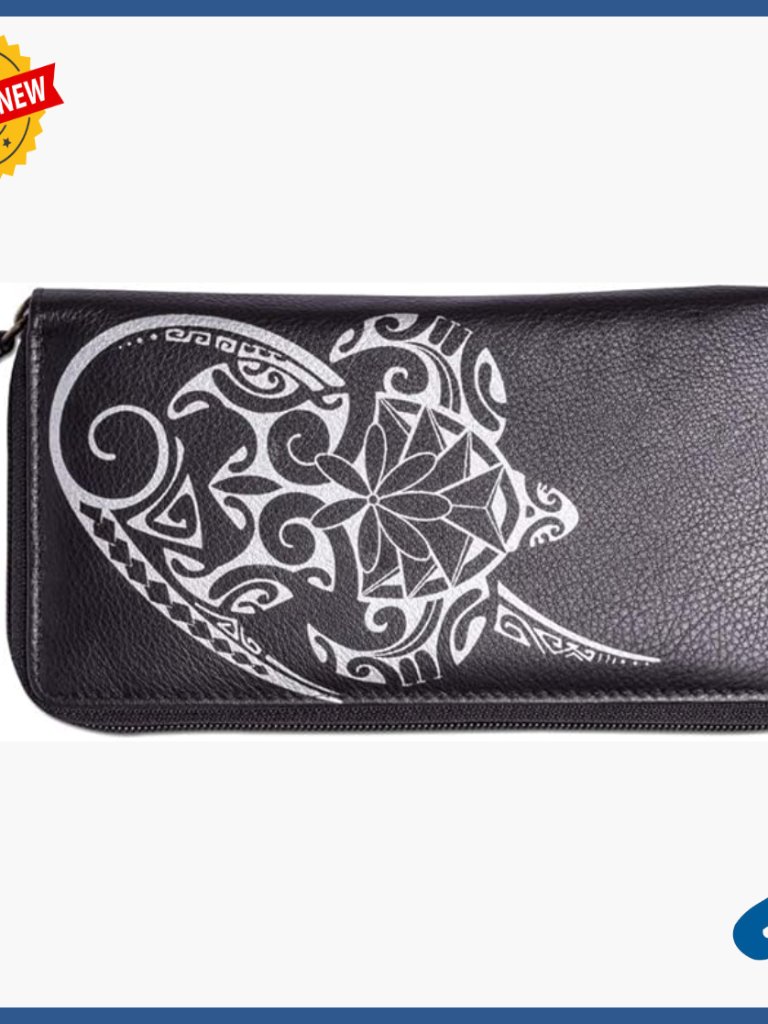 Genuine Leather Slim Wallet With Polynesian Turtle Tattoo Design